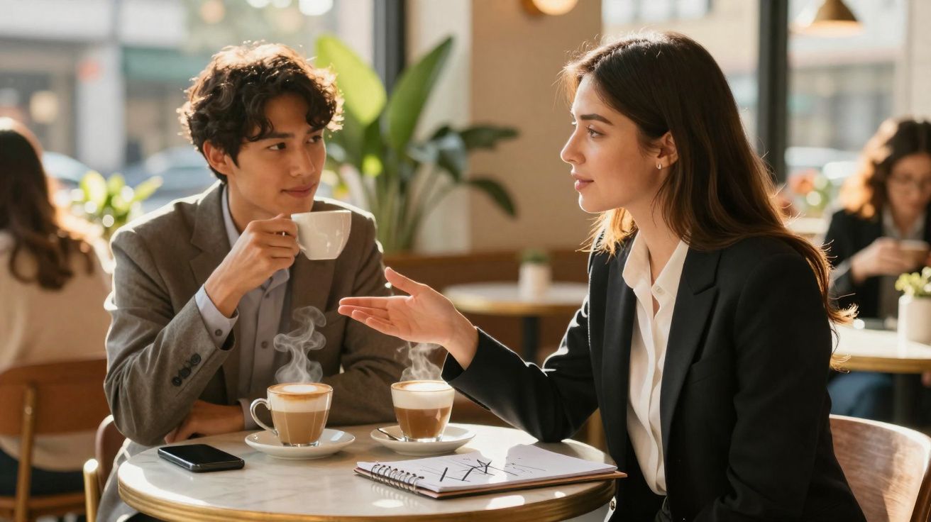 Dois jovens conversando em cafeteria com café e anotações sobre a mesa.