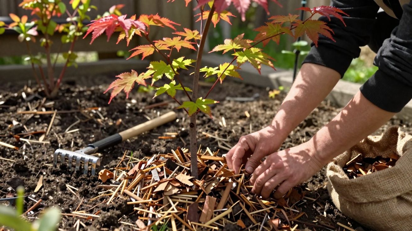 Pessoa cuidando de muda de árvore com folhas vermelhas e verdes em jardim ensolarado.