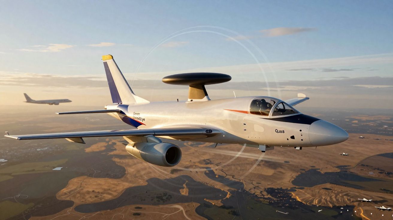 Avião militar com radar giratório no topo voando sobre área rural ao entardecer.