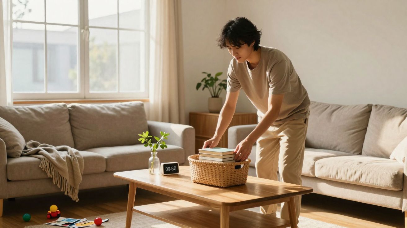 Pessoa organizando livros em uma cesta sobre mesa de madeira em sala de estar iluminada natural.