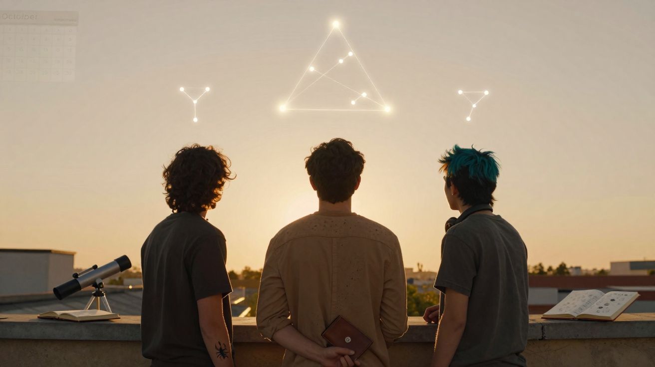 Três jovens observam constelações brilhantes no céu ao pôr do sol em um terraço com telescópio aberto.