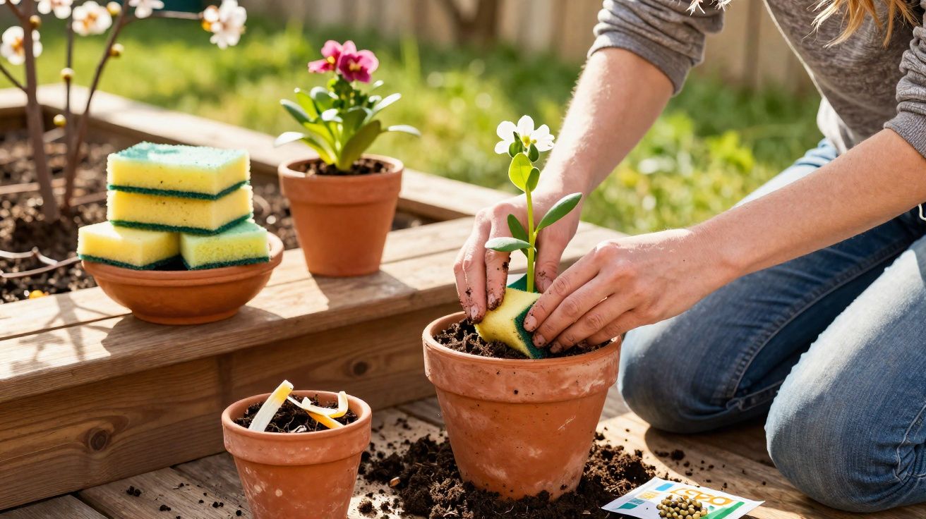 Pessoa transplantando muda em vaso de cerâmica ao ar livre, com esponjas e terra ao redor.