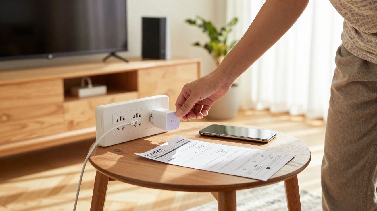 Pessoa conectando carregador em tomada próxima a mesa com celular e documento de aluguel sobre ela.