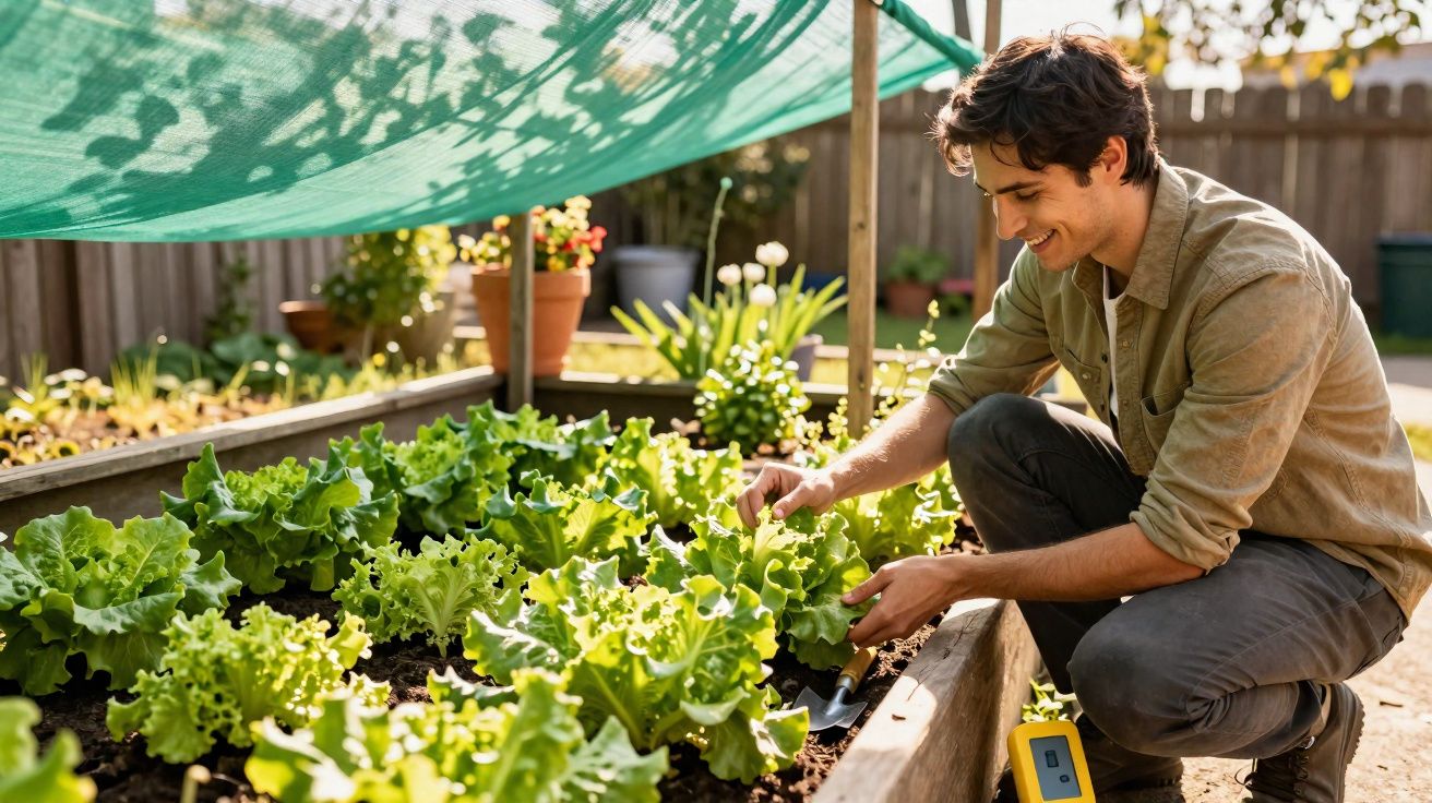 Homem cuidando de alface em horta urbana sob proteção solar com plantas ao fundo.