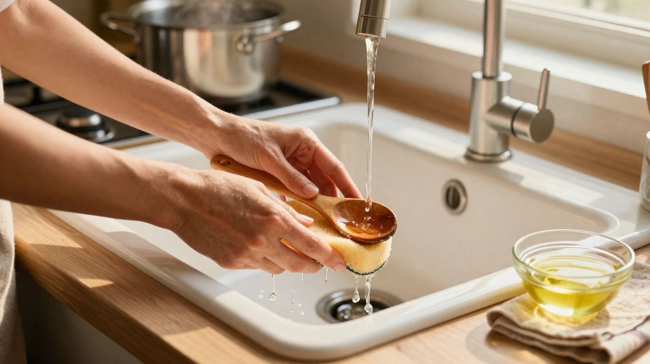 Pessoas lavando uma colher de pau com esponja em pia branca com água corrente na cozinha.