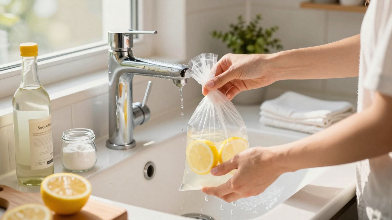 Mãos segurando saco plástico com fatias de limão sob torneira em pia de cozinha moderna.
