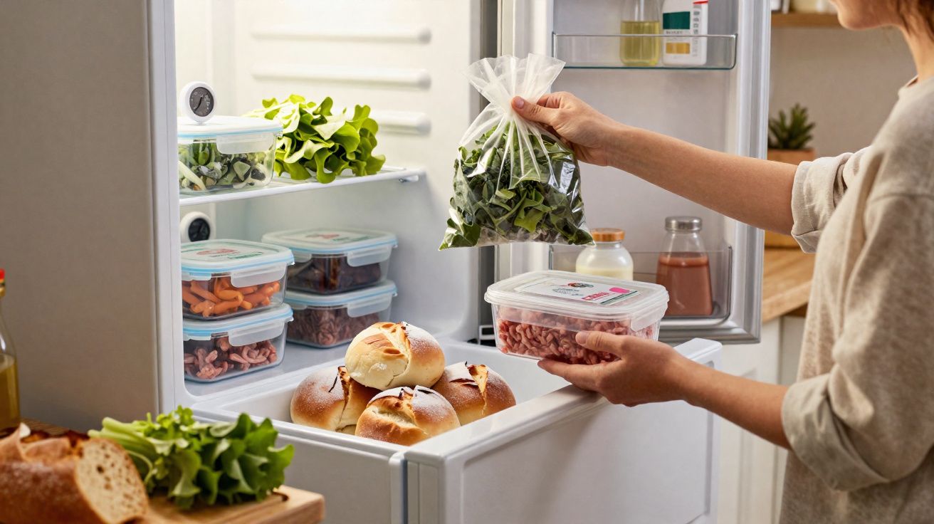 Pessoa organizando alimentos em embalagem plástica dentro de geladeira cheia de pães e vegetais.