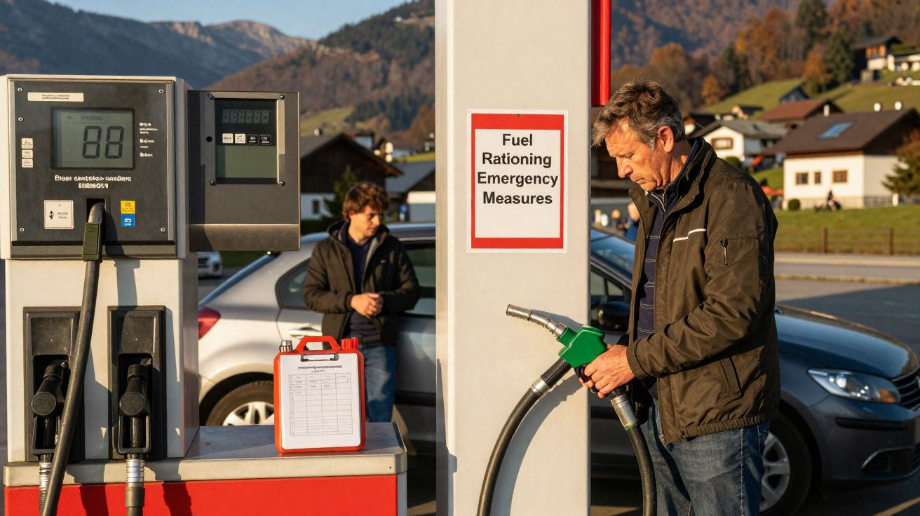 Homem segurando bomba de combustível em posto com placa de racionamento de combustível ao fundo.