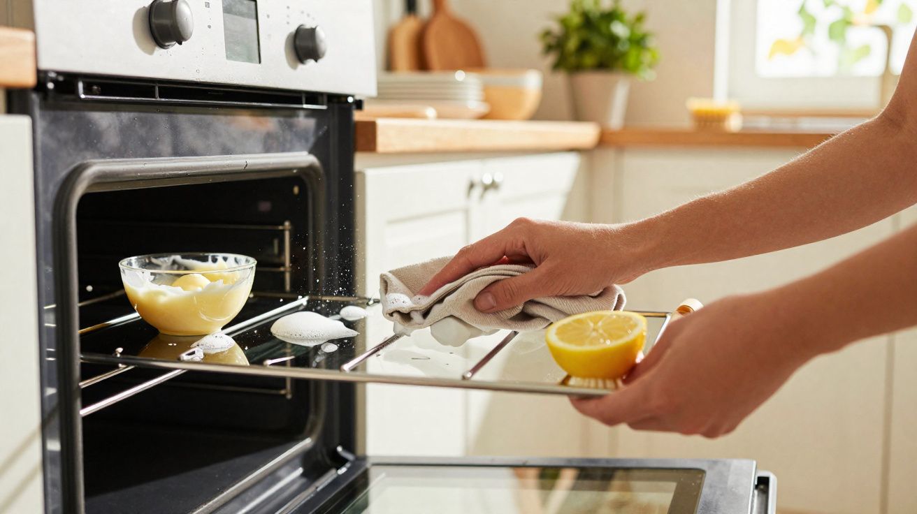 Pessoa limpando o interior da porta do forno com pano e meio limão na mão em cozinha iluminada.