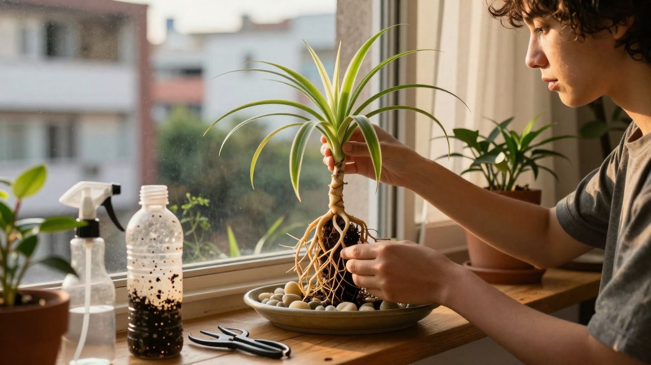 Pessoa cuidando de planta com raízes expostas em vaso perto da janela durante o dia.