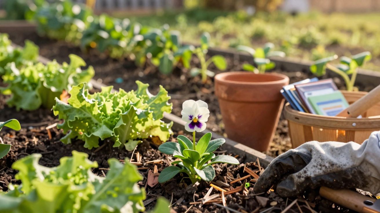 Mão com luva mexendo na terra do canteiro com folhas verdes e flor branca em jardim com utensílios de plantio.