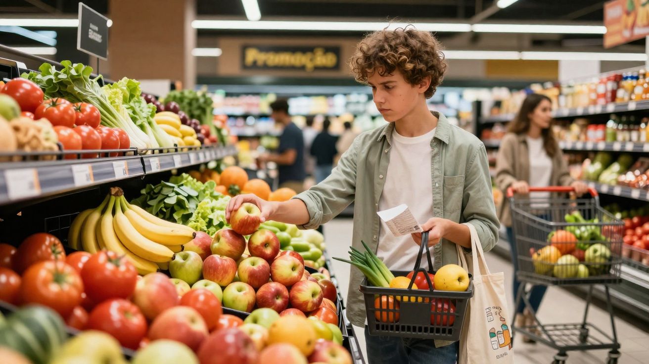 Jovem comprando maçãs na seção de frutas de supermercado, segurando cesta com alimentos e lista de compras.