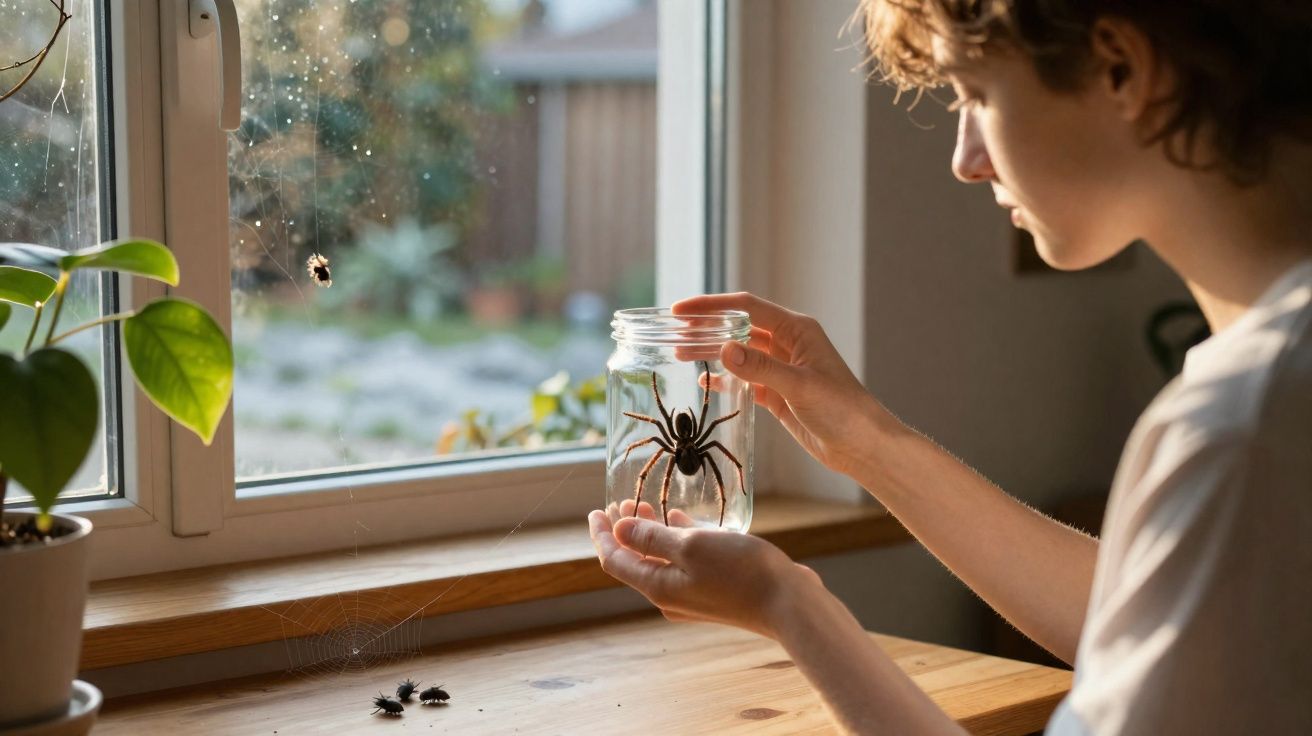Pessoa segurando um pote com uma grande aranha preta perto de uma janela com aranha presa na teia.