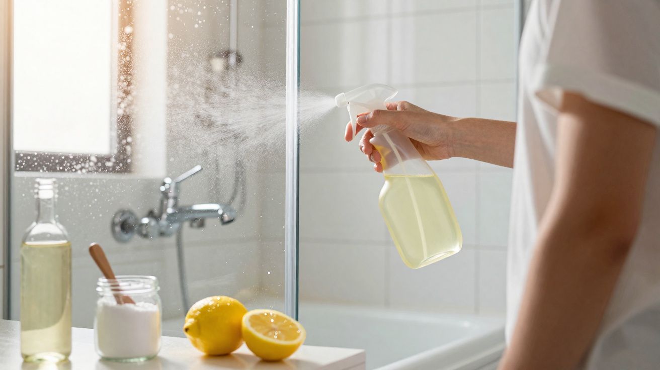 Pessoa borrifando vidro de box com solução caseira de limpeza em banheiro iluminado.