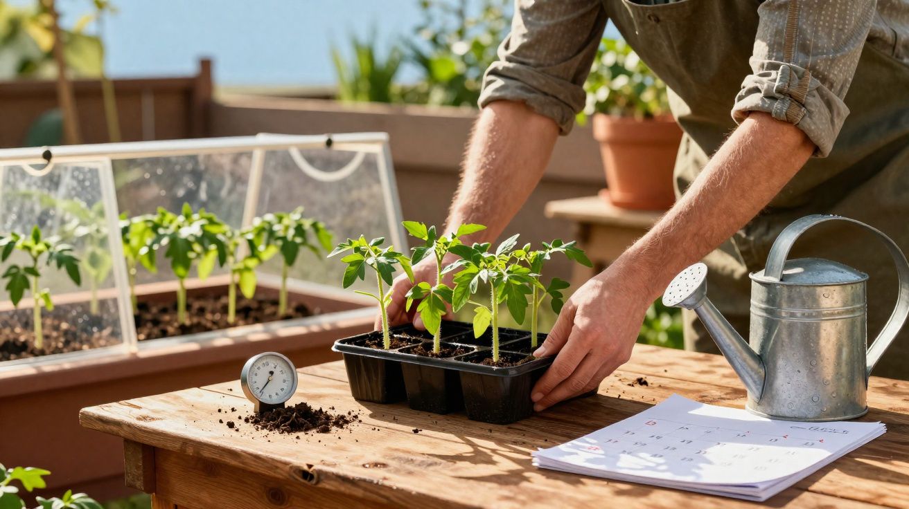 Pessoa cuidando de mudas de plantas em bandeja preta sobre mesa de madeira com regador e termômetro.