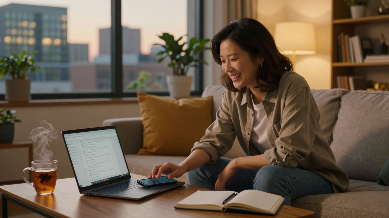 Mulher sorrindo usando laptop no sofá, com chá quente e caderno sobre a mesa em ambiente aconchegante.