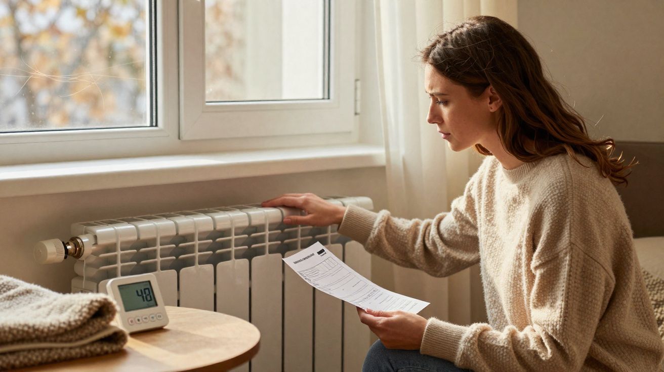 Mulher ajusta termostato de aquecedor enquanto lê conta de energia sentada perto da janela.