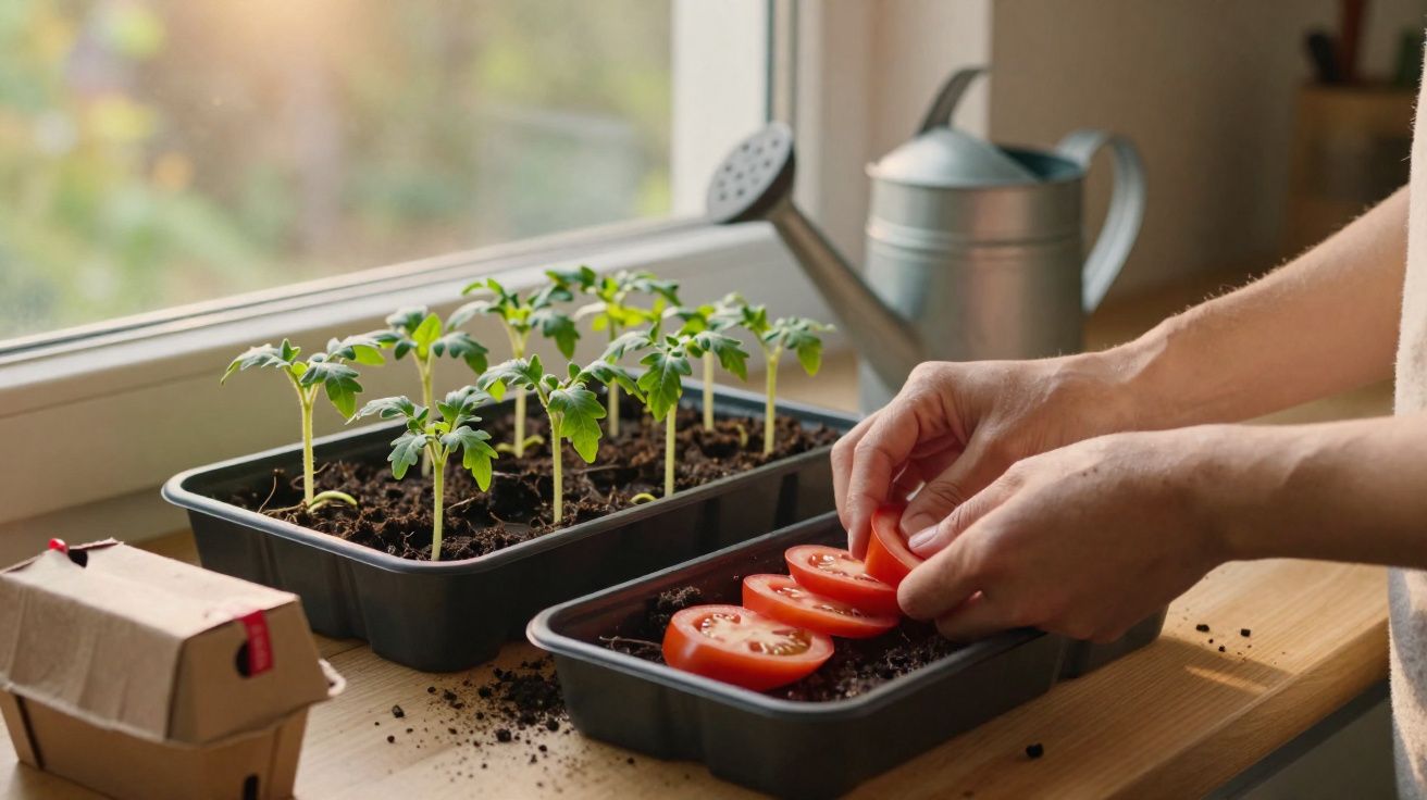 Mãos colocando fatias de tomate em bandeja com terra ao lado de muda de plantas e regador perto da janela.
