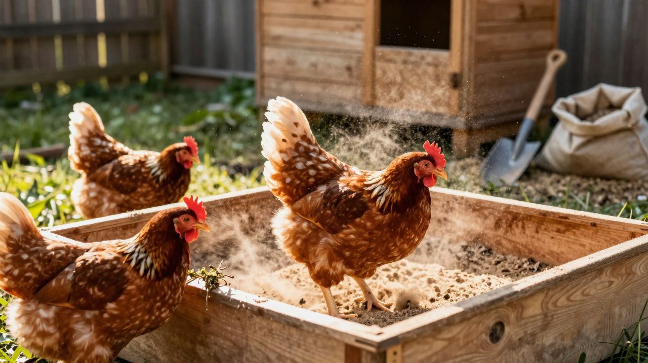 Galinha tomando banho de poeira em caixa de madeira em quintal ensolarado com casinha no fundo.
