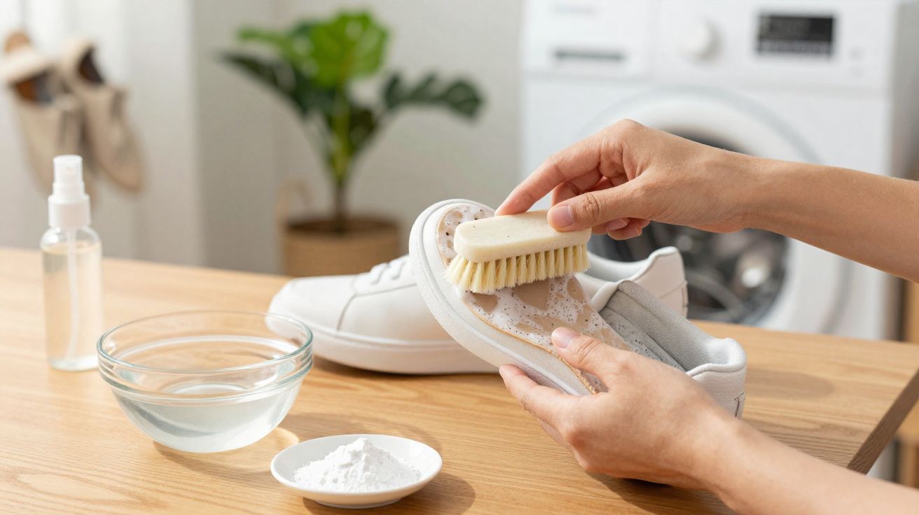 Pessoa limpando tênis branco com escova, tigelas com líquido e pó, em mesa de madeira.