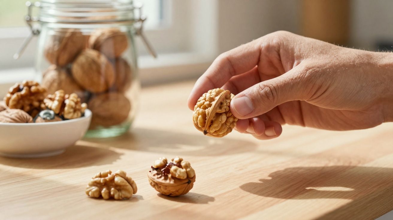 Mão segurando noz com outras nozes na tábua de madeira, pote e tigela com nozes ao fundo.