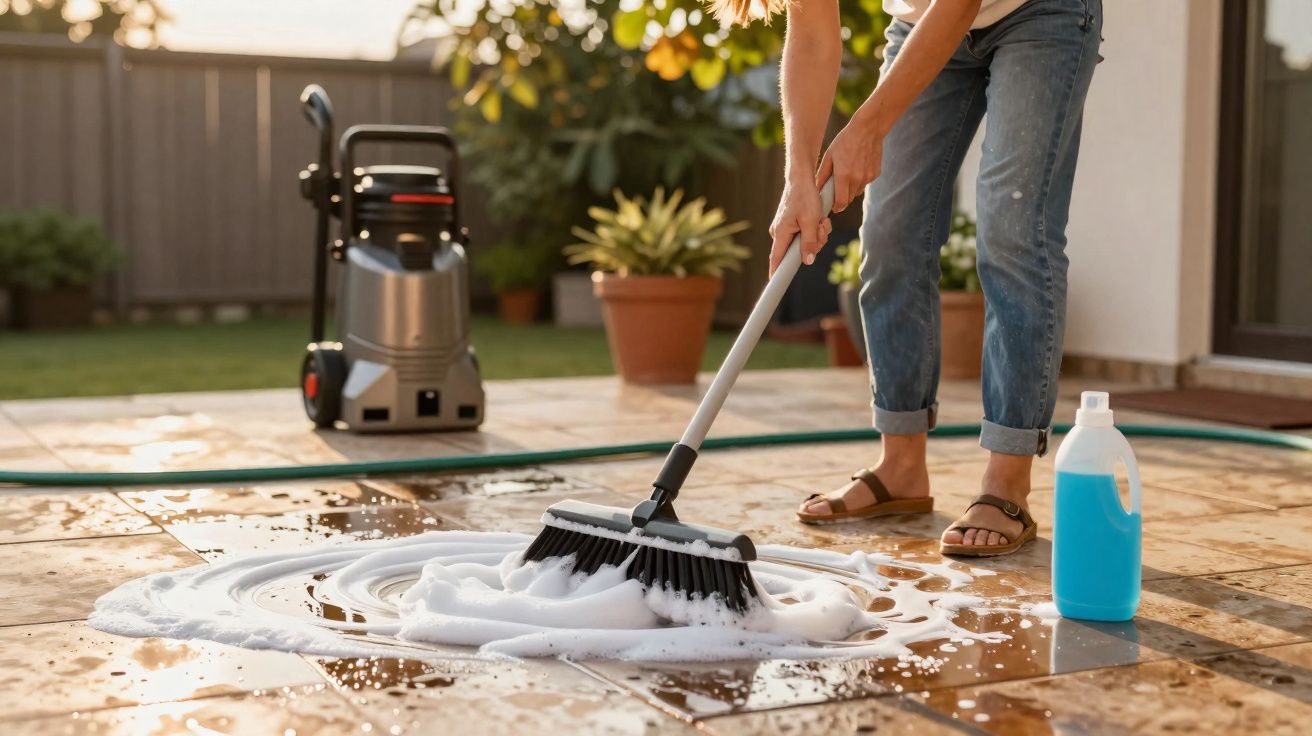 Pessoa limpando piso externo com escova, espuma de sabão e produto de limpeza azul ao lado.