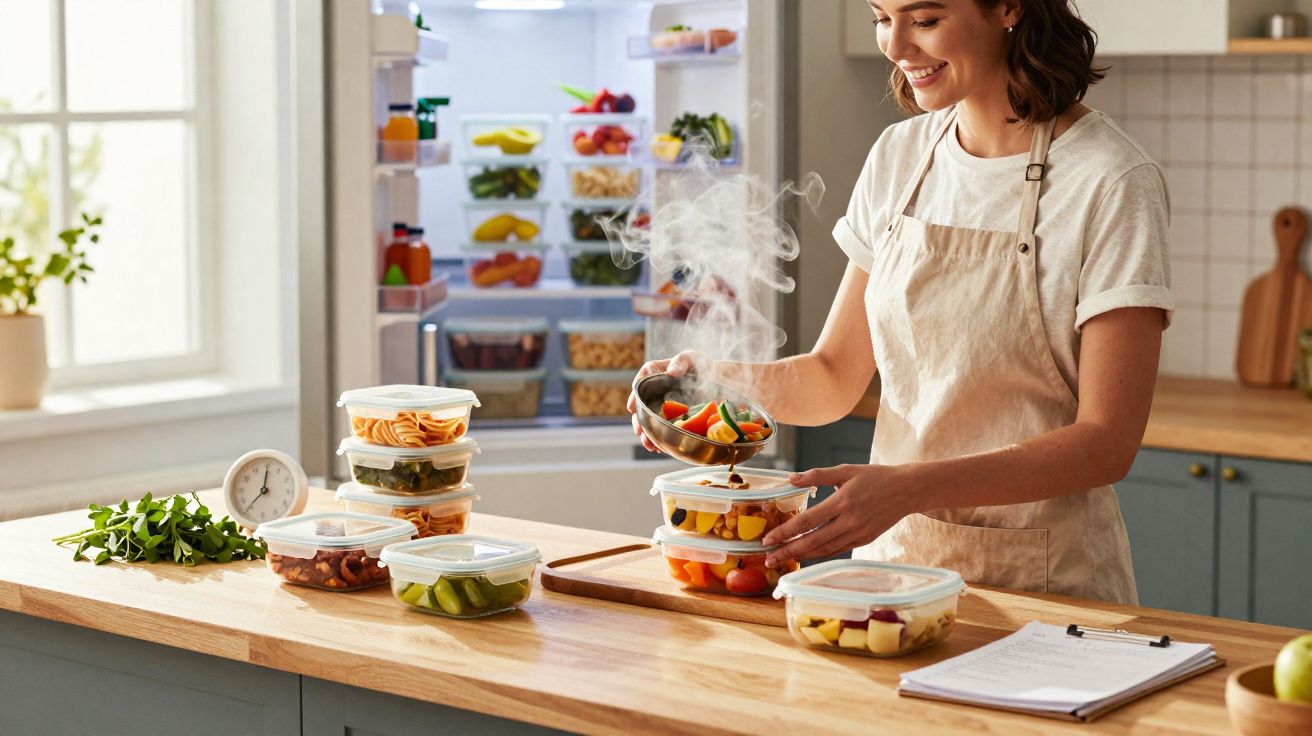 Mulher sorrindo organiza refeições saudáveis em potes na cozinha iluminada com geladeira ao fundo.