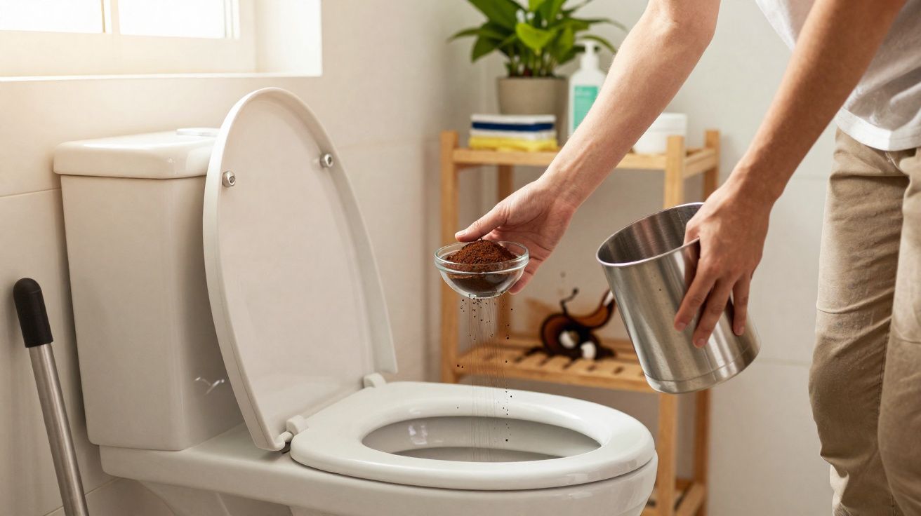 Pessoa despejando borra de café no vaso sanitário em banheiro iluminado e organizado.