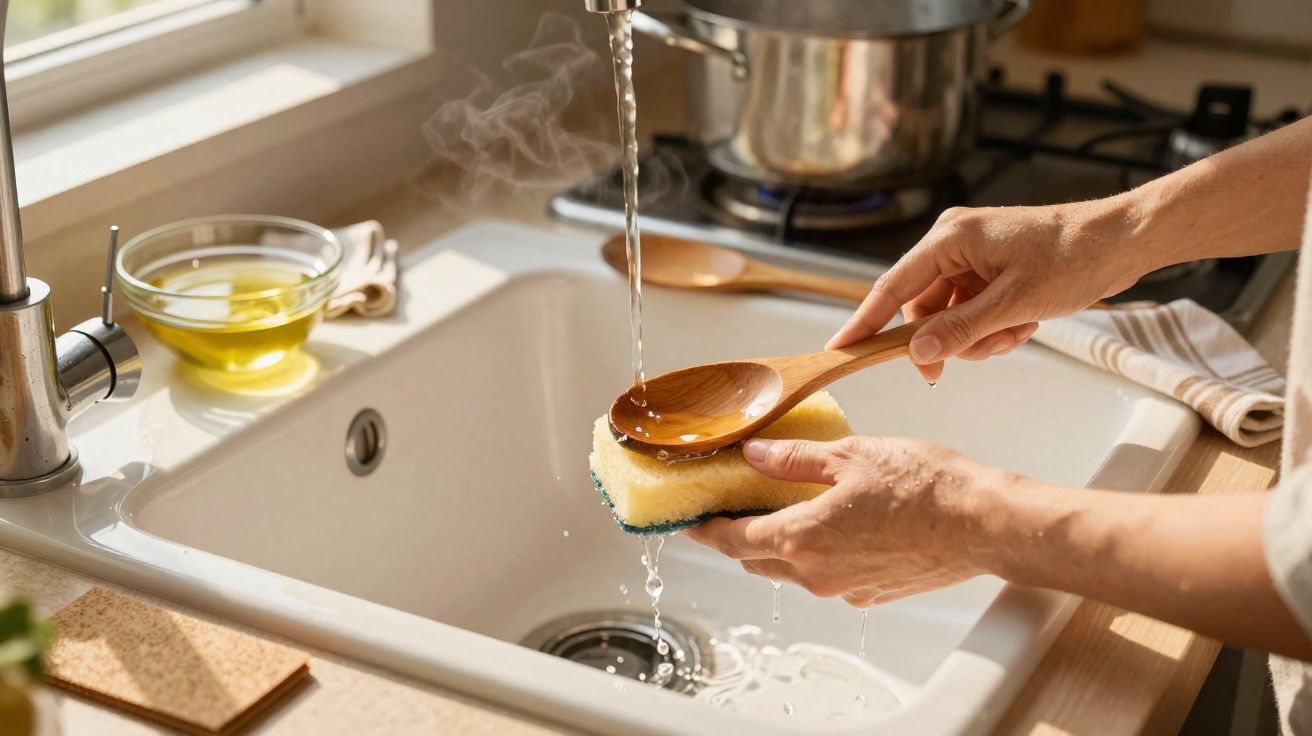 Pessoa lavando colher de madeira com esponja em pia de cozinha com vapor e luz natural.
