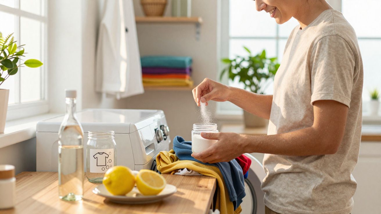 Pessoa preparando detergente caseiro para lavar roupas em lavanderia com máquina e ingredientes naturais.