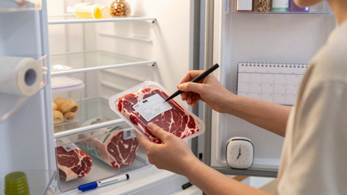 Pessoa etiquetando embalagem de carne crua dentro de geladeira aberta.