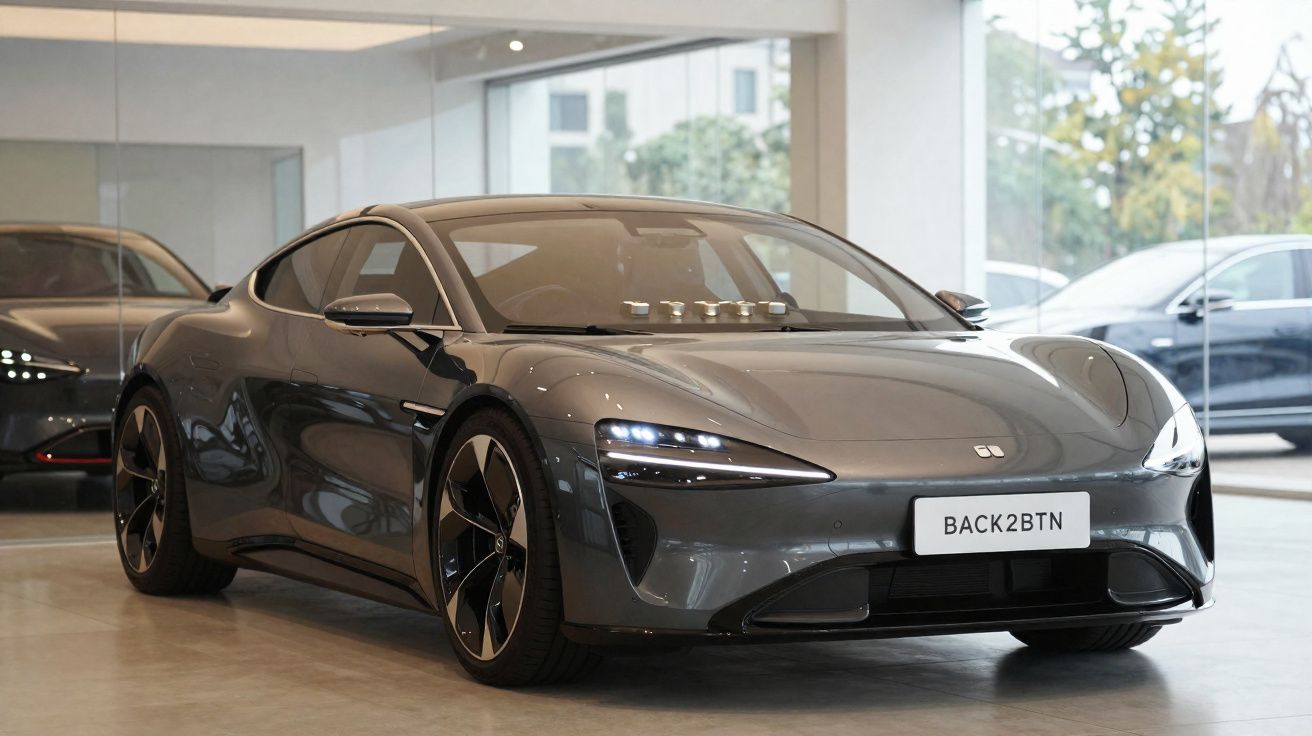 Carro esportivo elétrico cinza escuro em showroom com design aerodinâmico e faróis LED acesos.