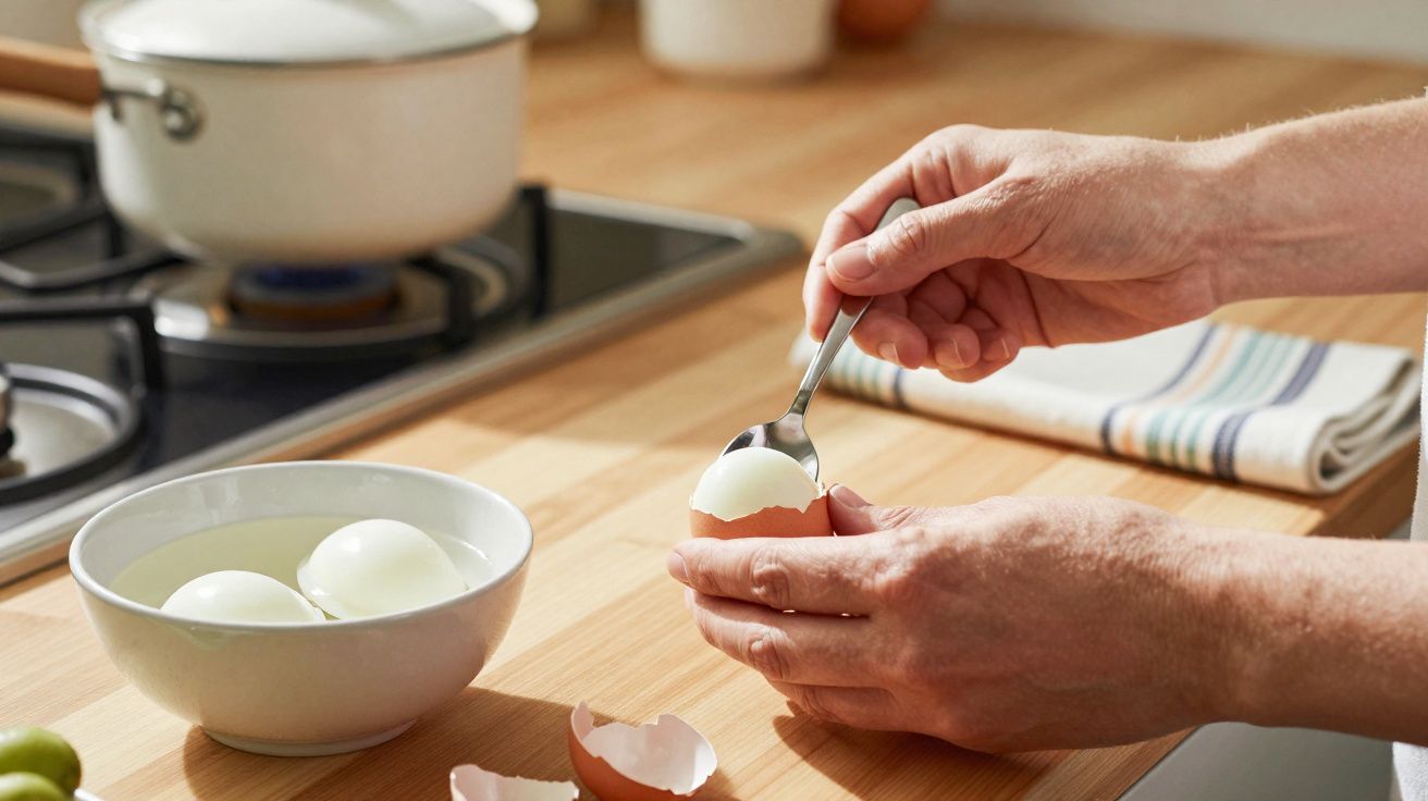 Pessoa descascando ovo cozido com colher em cozinha, tigela com ovos e panela ao fundo.