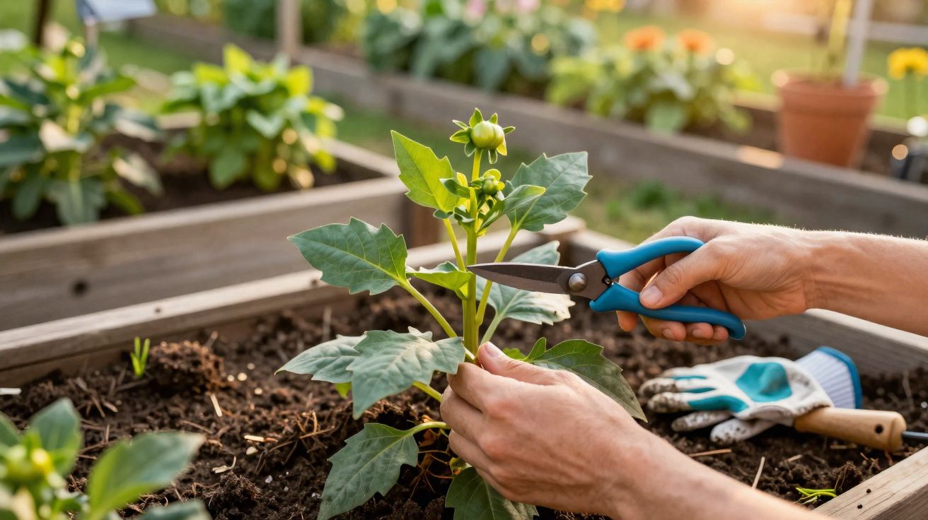 Mãos podando planta jovem com tesoura azul em canteiro de madeira em jardim ao ar livre.