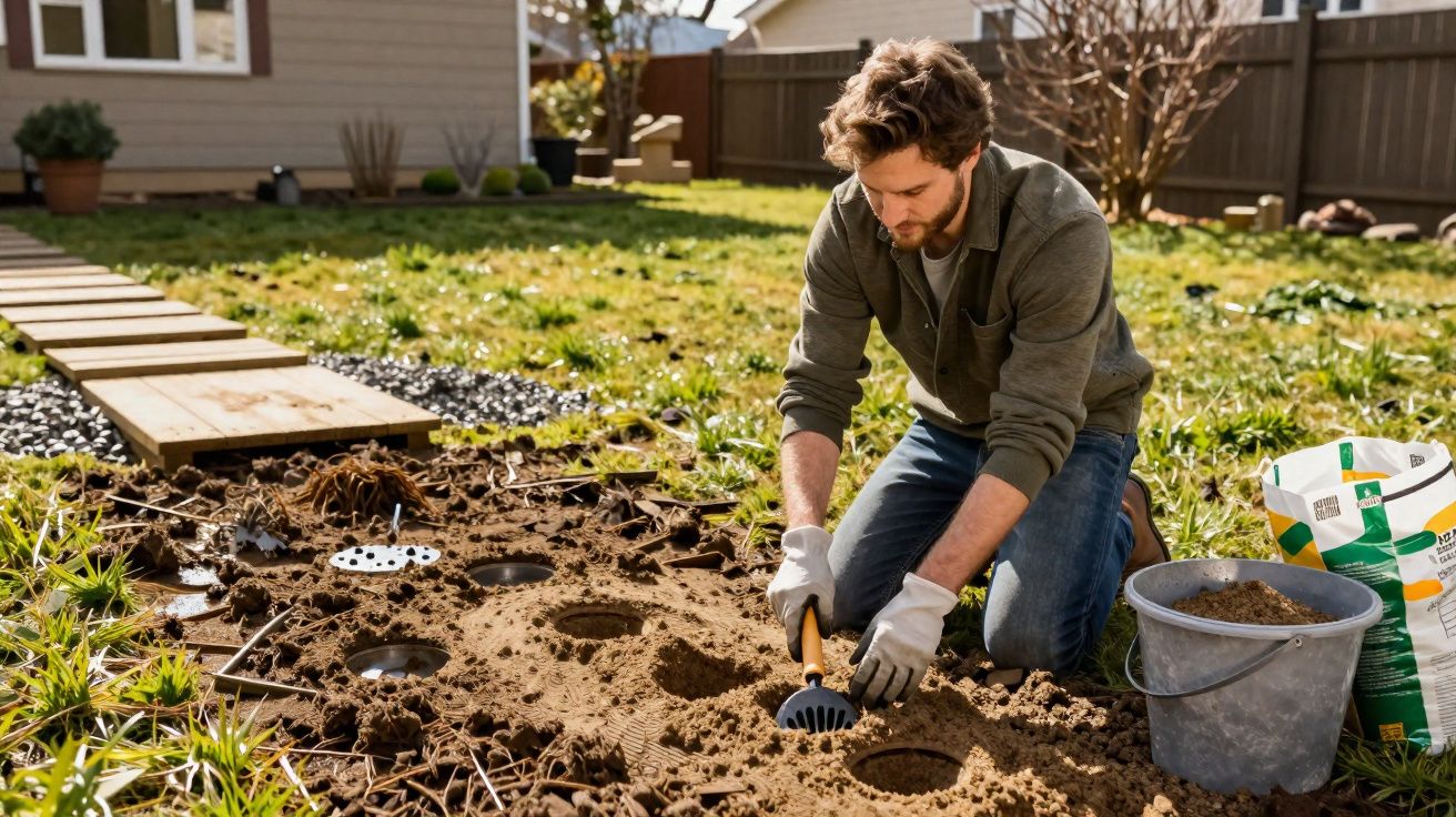 Homem plantando mudas de plantas em canteiro de terra no jardim de casa, com luvas e ferramentas.