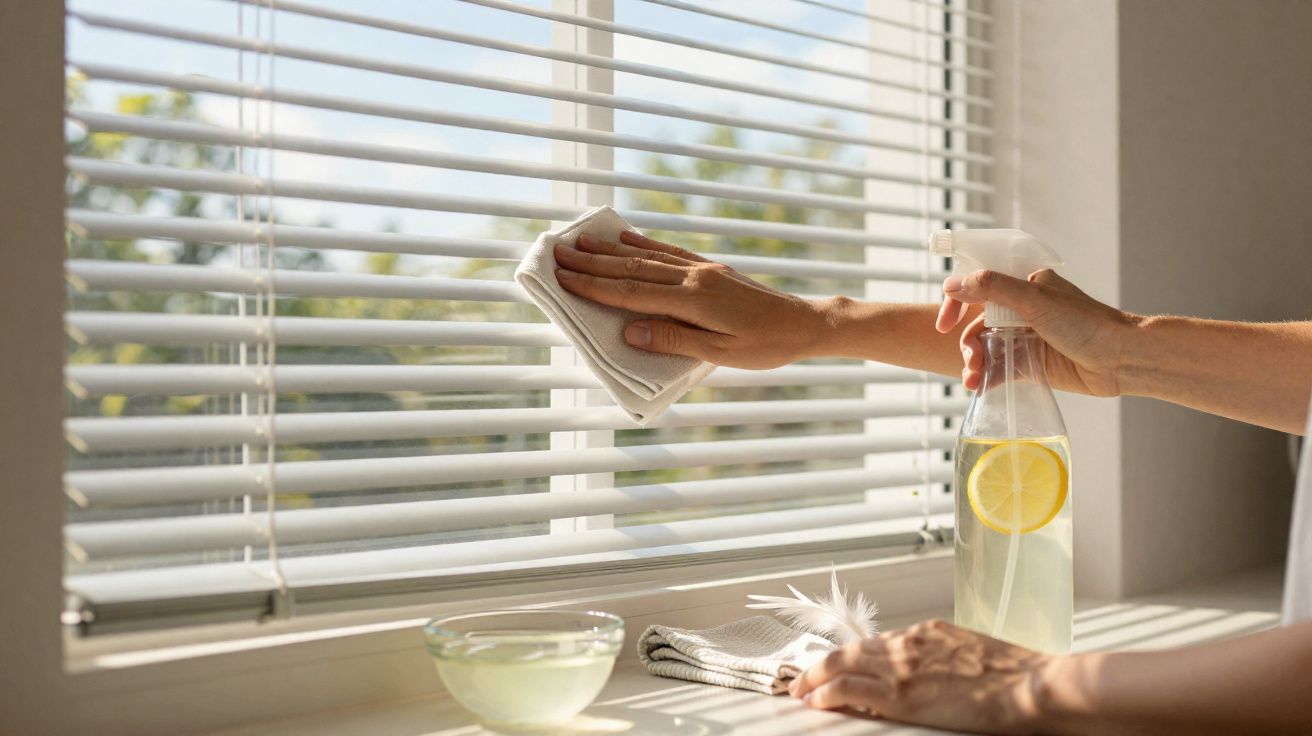 Mãos limpando persiana branca com pano e spray de vidro com fatia de limão ao lado.