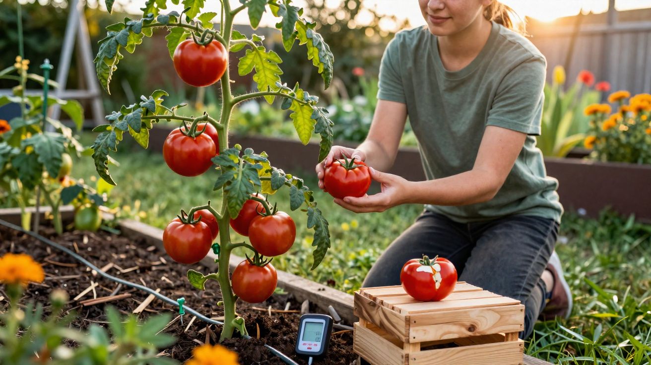 Mulher colhendo tomates maduros em uma horta caseira ao ar livre durante o dia.