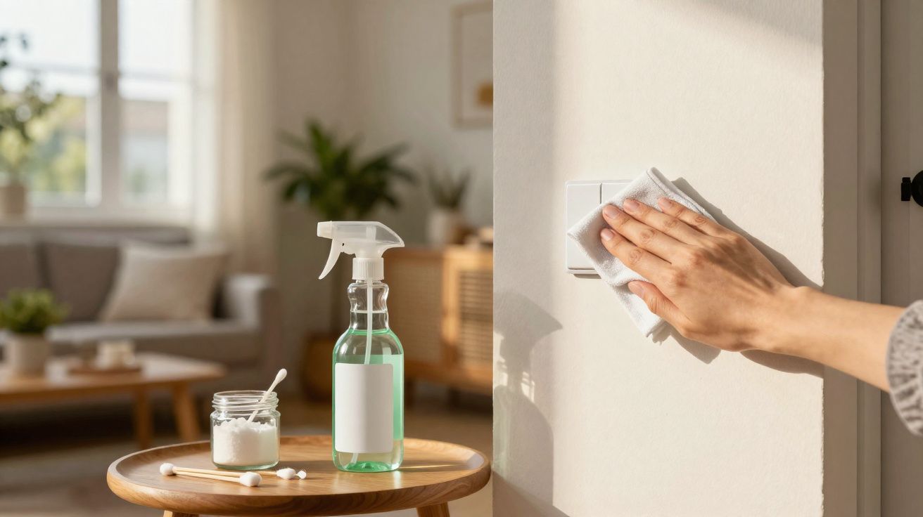 Mão limpando interruptor de luz com pano, ao lado spray e potes de produtos de limpeza em mesa.