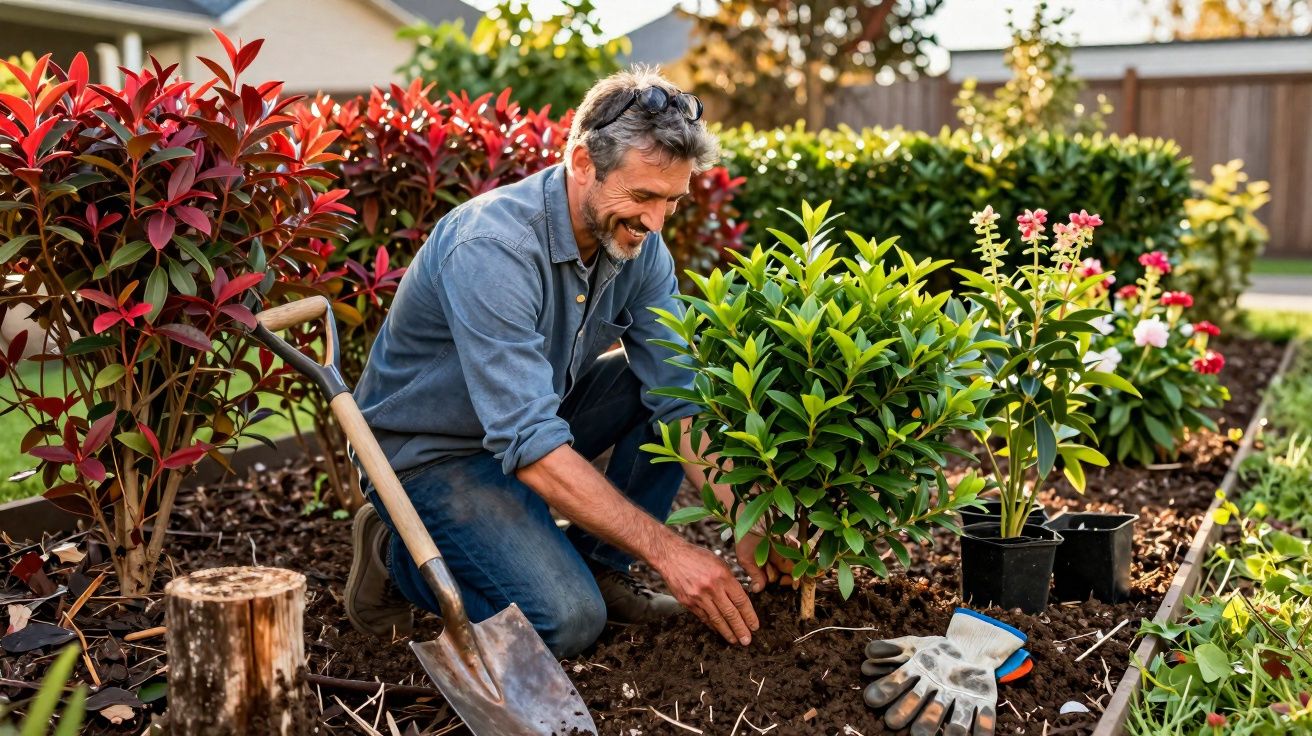 Homem sorridente plantando arbusto em jardim com pá e luvas ao lado em dia ensolarado.