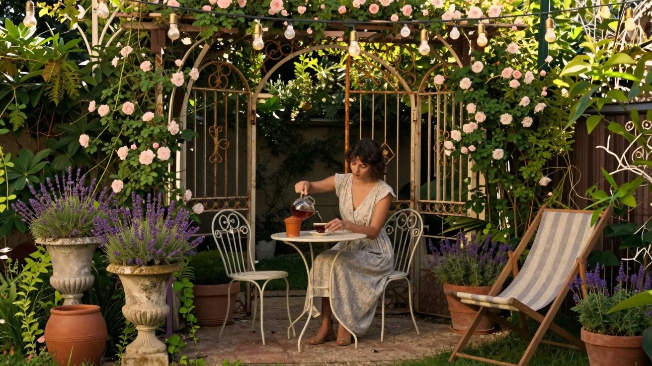 Mulher sentada em jardim florido, servindo chá em xícara, sob pérgola decorada com rosas e luzes.