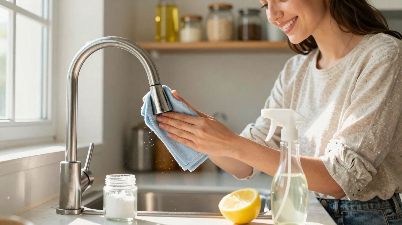 Mulher sorrindo limpa torneira da pia da cozinha com pano azul, ao lado limão e spray de limpeza.