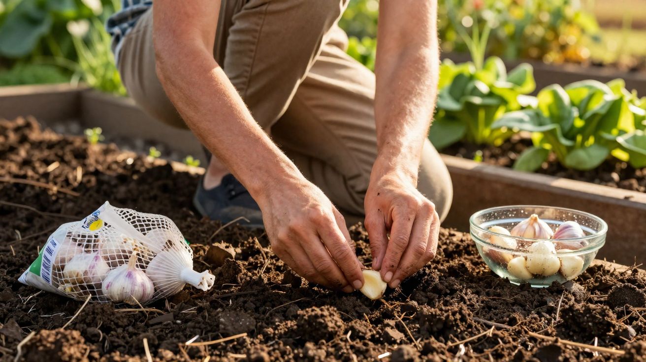 Pessoa plantando dentes de alho em canteiro de terra em jardim ao ar livre.