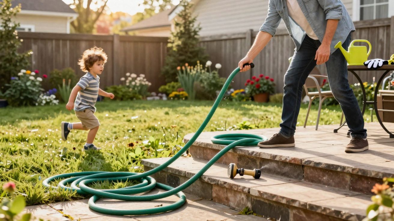 Criança correndo no jardim enquanto adulto segura mangueira de jardim perto de casa num dia ensolarado.