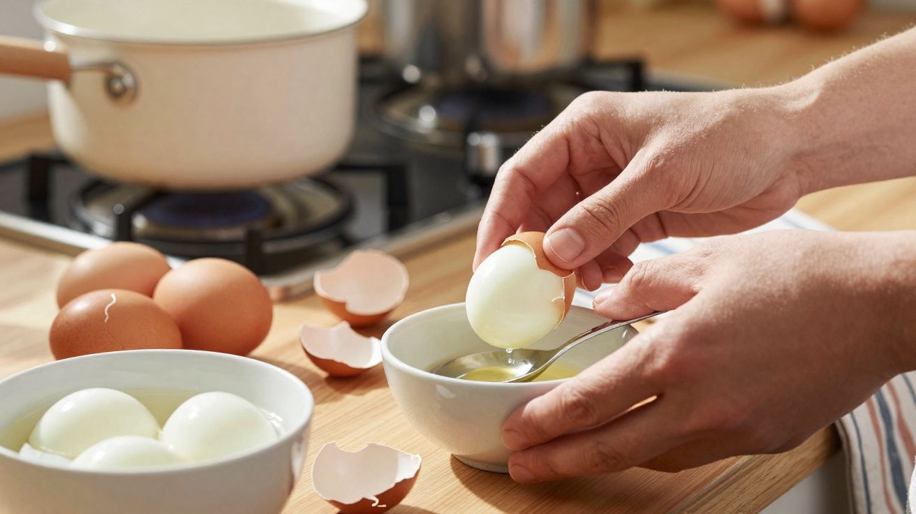 Mãos retirando a casca de ovo cozido sobre mesa com ovos, cascas e panela ao fundo.