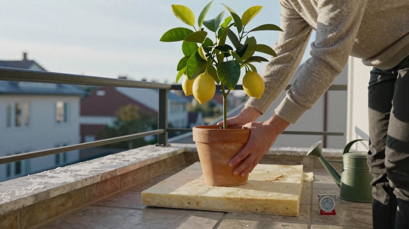 Pessoa segurando vaso com planta de limão em varanda ensolarada, ao lado de regador e termômetro.