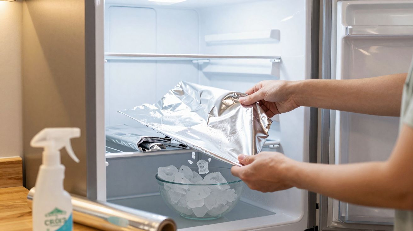 Mãos retirando papel alumínio de tigela com gelo dentro de freezer aberto em cozinha.