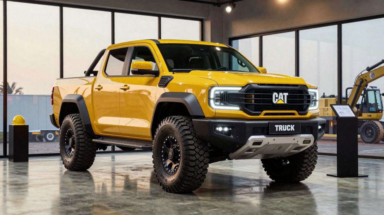 Picape amarela da marca CAT em exposição dentro de showroom com iluminação ambiente.