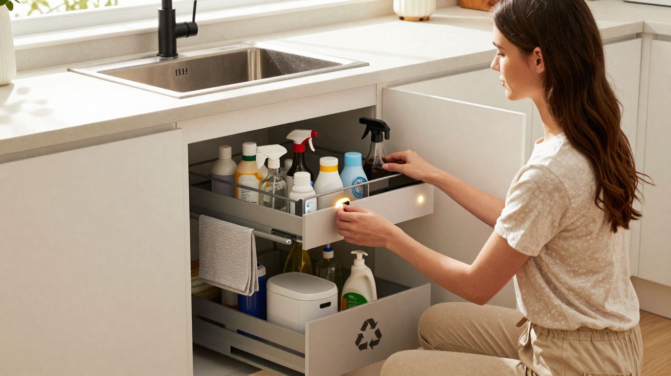 Mulher organizando produtos de limpeza em gavetas deslizantes sob a pia de cozinha clara e moderna.