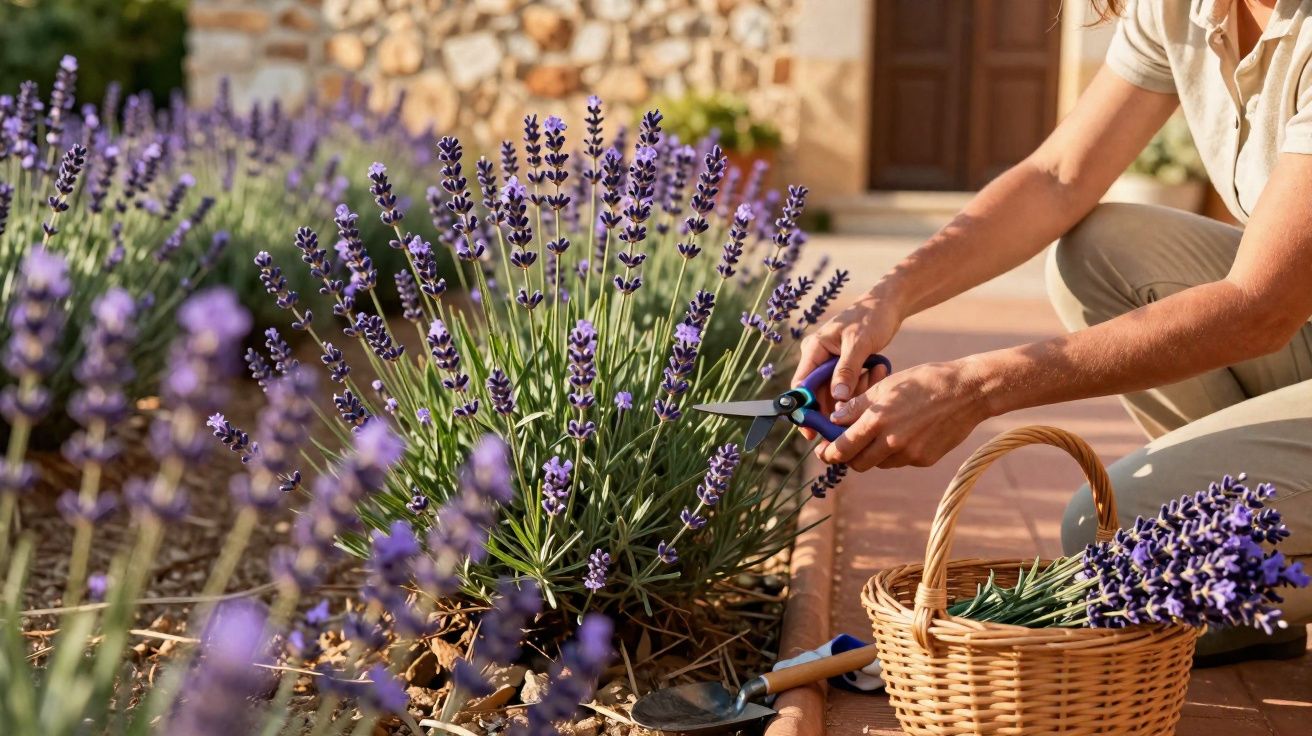 Pessoa colhendo flores de lavanda em jardim com tesoura de poda e cesta ao lado.
