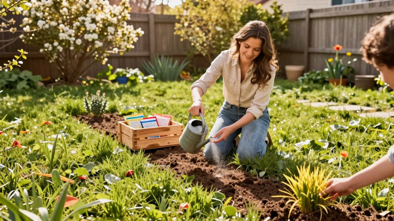 Jovem mulher regando plantas em jardim ensolarado enquanto outra pessoa cuida do canteiro.